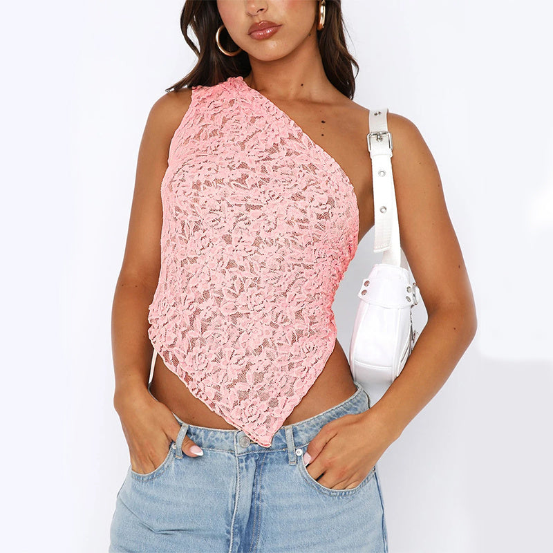 Sommer Lace Rückenausschnitt Top mit asymmetrischem Hals