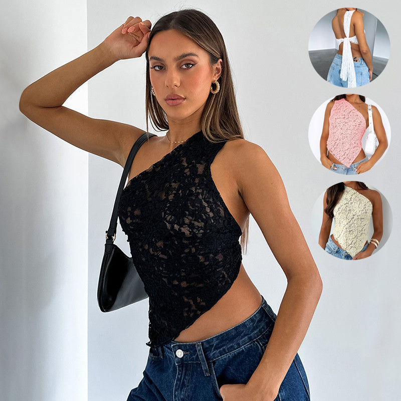 Sommer Lace Rückenausschnitt Top mit asymmetrischem Hals