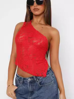 Sommer Lace Rückenausschnitt Top mit asymmetrischem Hals