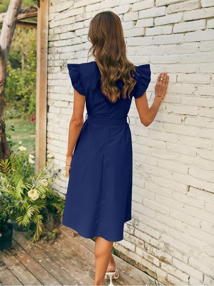 Damen Woven Taillen V-Ausschnitt Rüschenkleid