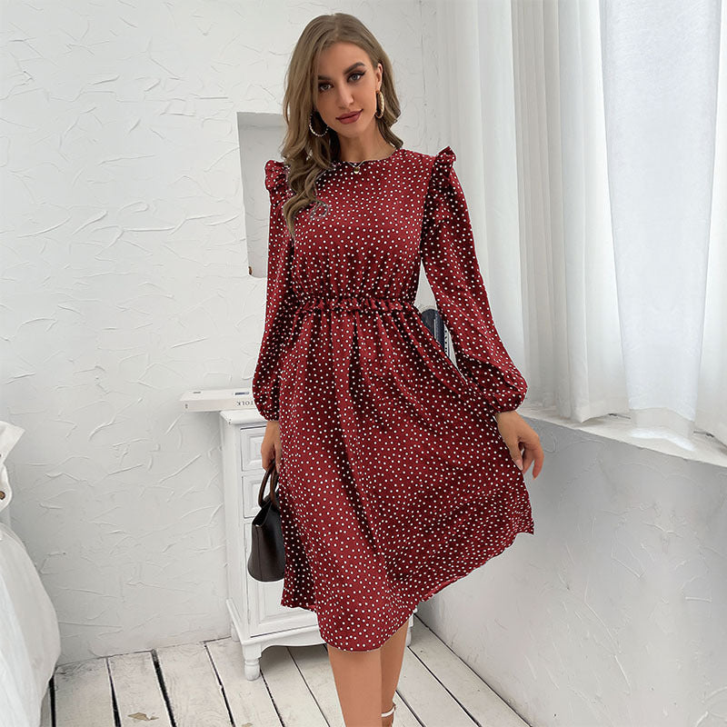 Rüschen Polka Dot Langarmkleid