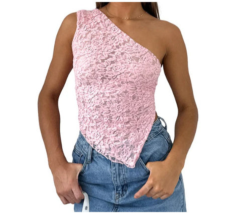 Sommer Lace Rückenausschnitt Top mit asymmetrischem Hals