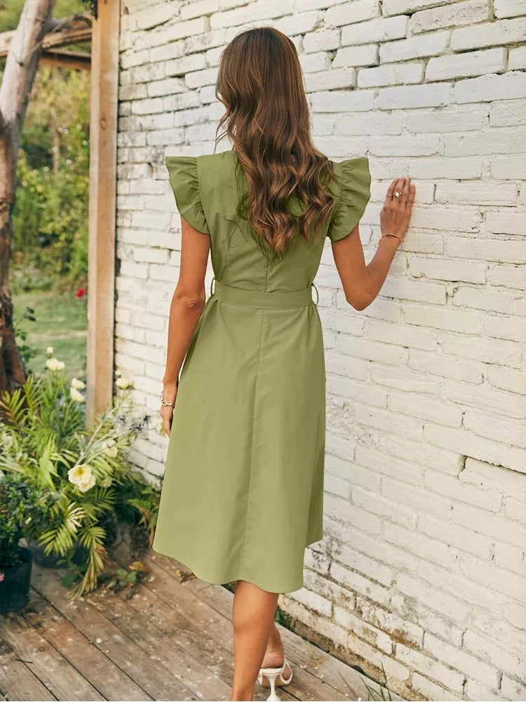 Damen Woven Taillen V-Ausschnitt Rüschenkleid